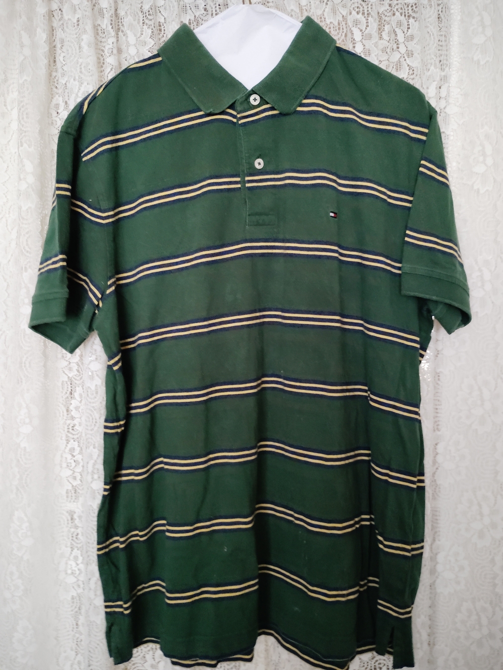 Tommy Hilfiger Green Polo with Navy and Cream Stripes